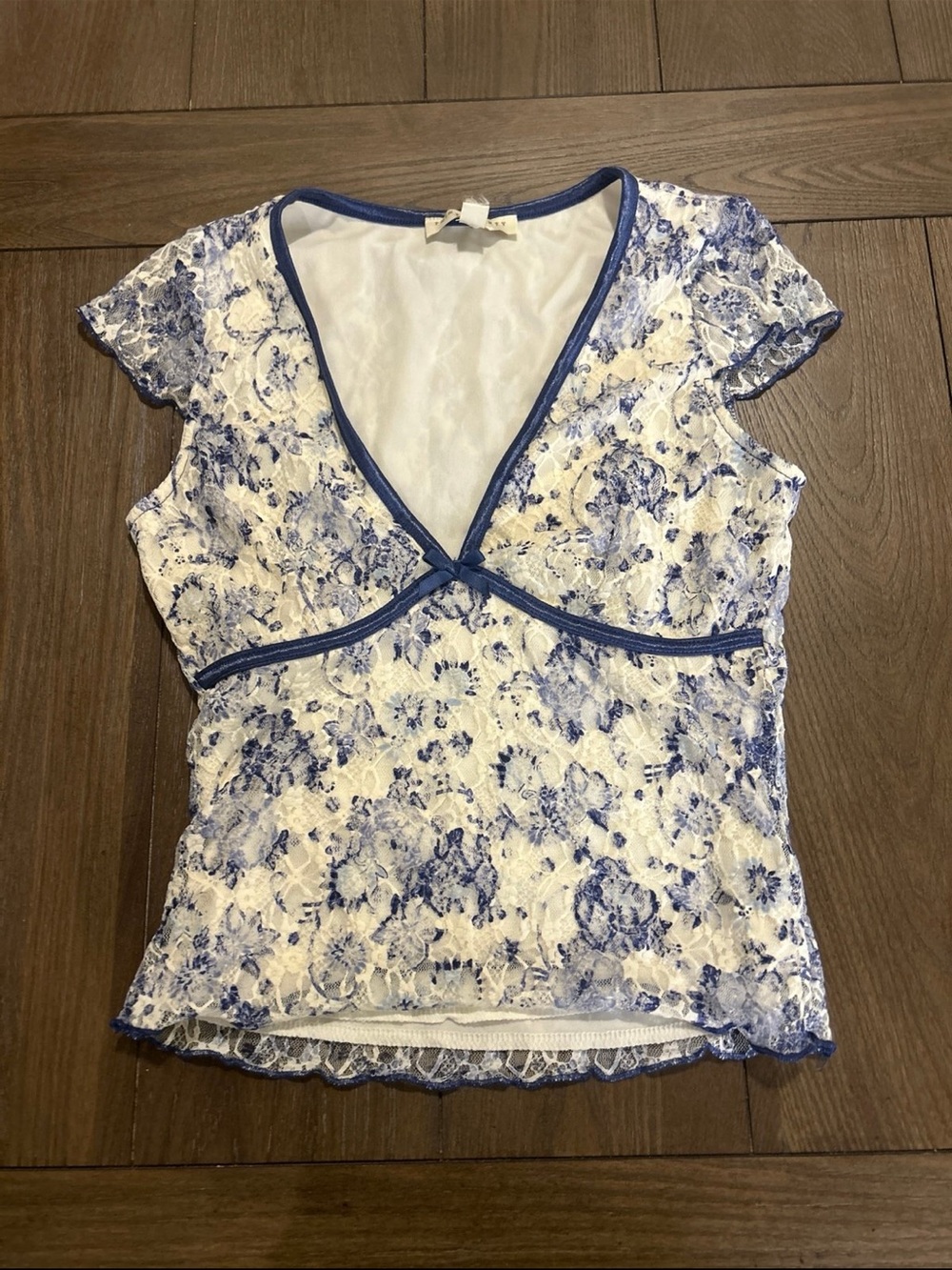 Blue and White Floral Lace V-Neck Blouse